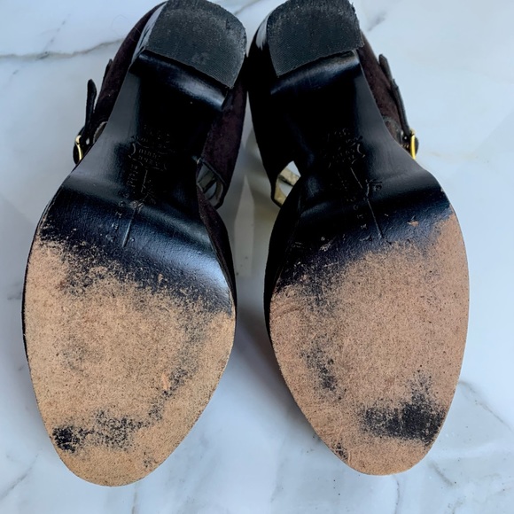 MICHEL PERRY PARIS SUEDE MULTI BUCKLE BLACK PATENT LEATHER PLATFORM HEELS 1990s. - Picture 6 of 7